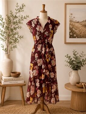 Soaked in Luxury Burgundy Floral Ruffle Midi Dress Size Small